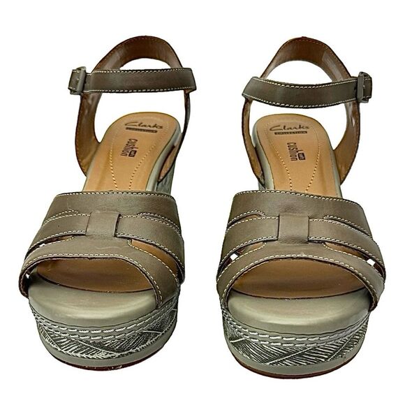 Clarks Taupe Multi Leather Platform Wedge Sandals Peep Toe Size 8.5 Medium - Picture 6 of 11